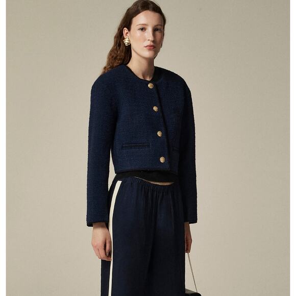 J. Crew Jackets & Blazers - J.Crew Tweed Bomber Lady Jacket Navy Wool Blend Preppy Cropped Relaxed US 12 NWT